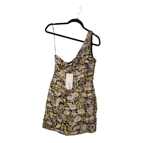 NWT Zara One Shoulder Purple Black Gold Floral Ruched Gathered Mini Dress Medium - Picture 1 of 10